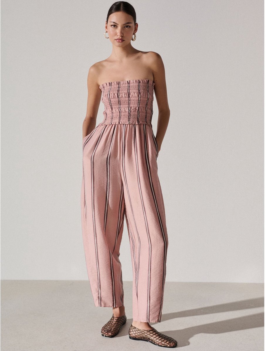 Next - Dames - Bandeau-jumpsuit met gesmokte body en Barrel jeans - Tall - Roze