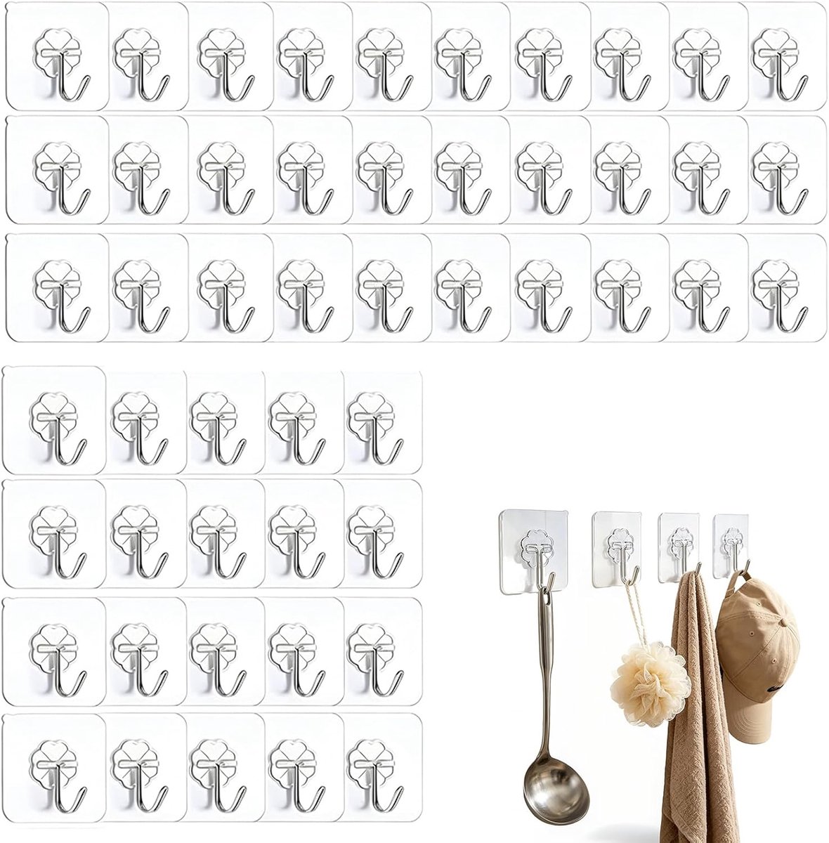 zelfklevende haakjes – set van 50 waterdichte muurhaken 6x6 cm | multifunctioneel voor handdoeken, jassen, sleutels, keukenaccessoires, geen boren nodig