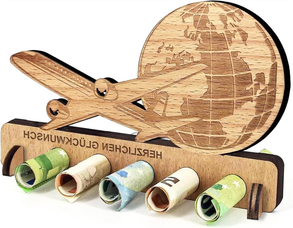 Houten Geldkist - Houten Spaarpot Vliegtuig - Geldgeschenk Geven - Met Vliegtuig Thema - 17 x 10 x 7 cm
