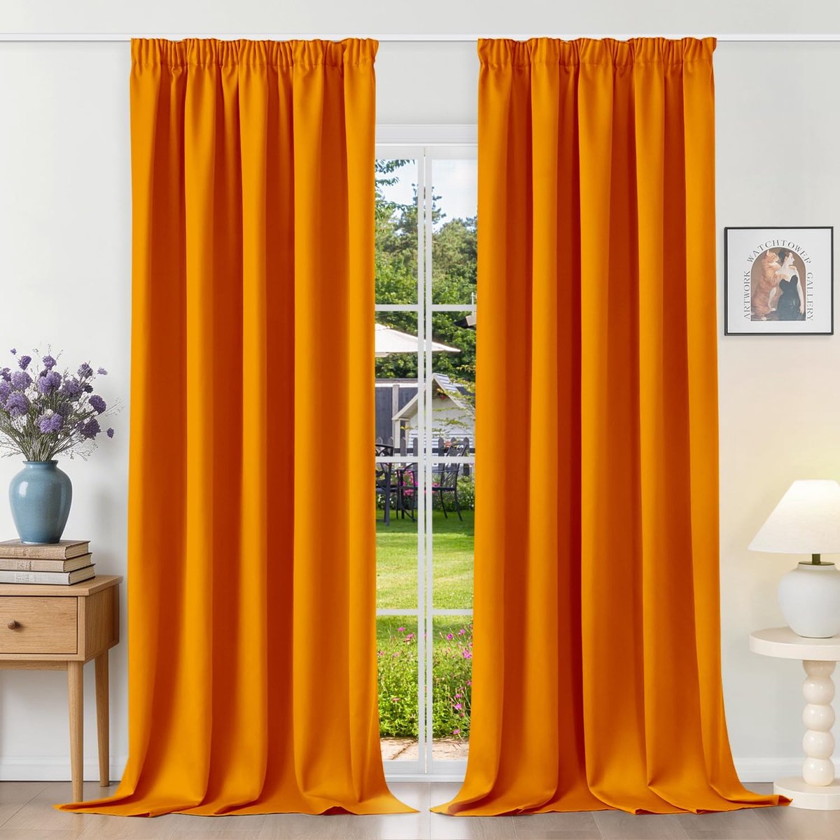 Gordijnen met plooiband, ondoorzichtig, oranje, verduisteringsgordijnen, set van 2, 260 x 140 cm (H x B) voor railsysteem, thermische gordijnen, koudebescherming, schuifgordijnen voor