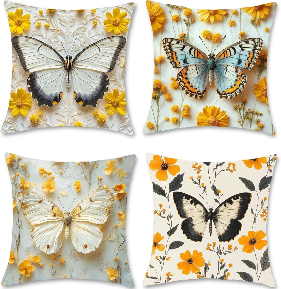 Kussensloop, 50 x 50 cm, set van 4 buitenkussens, bloemen, fluweel, bankkussen, kussenovertrek, vlinder, decoratief, zacht en ademend, voor thuis, Halloween, tuin, decoratie, S1-495