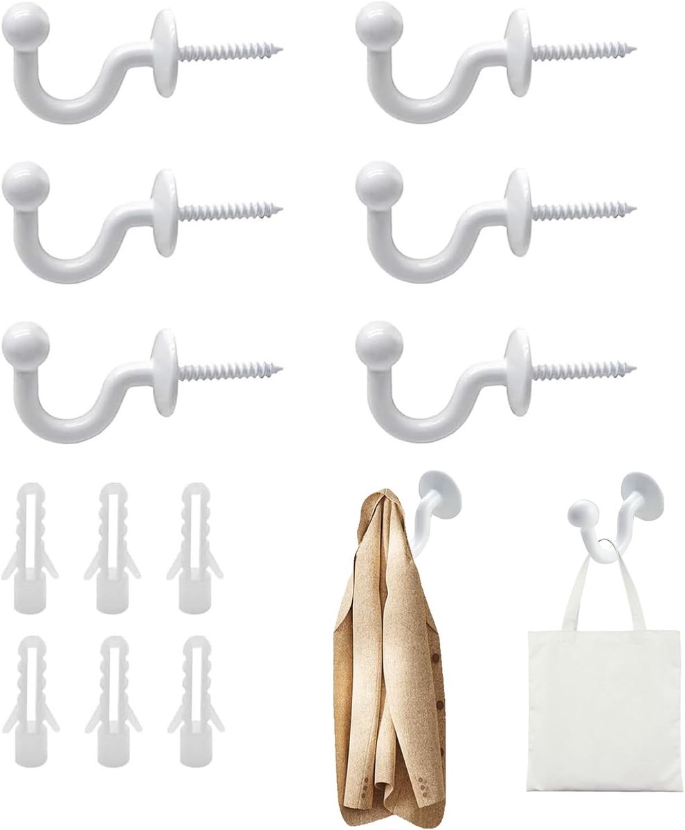 6 stuks gordijnhouders haken gordijnhouder muur metaal wit U-vormig eindgordijn holdback wandhaken bal end gordijnhouder haken voor gordijnen woondecoratie, inclusief bevestigingshuls