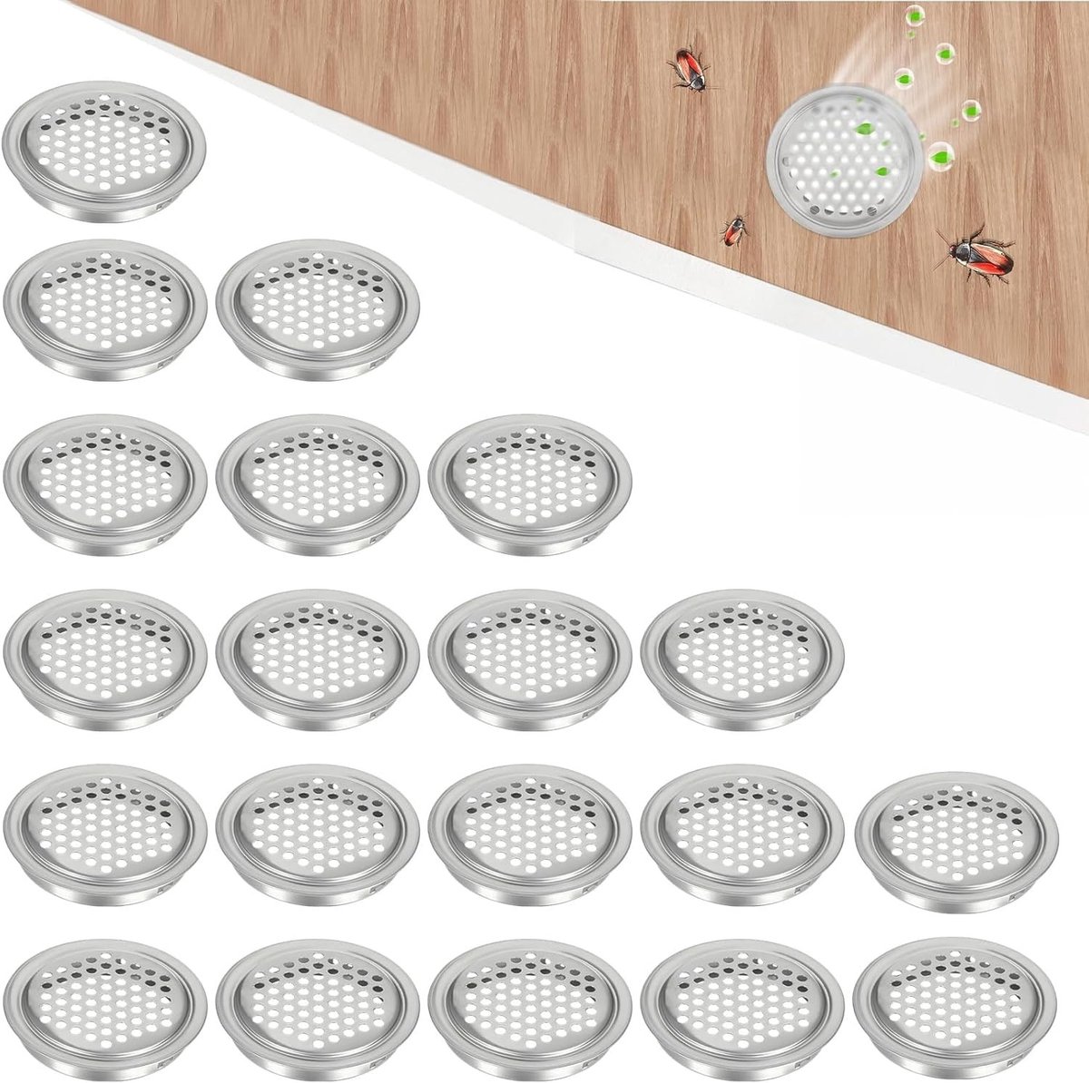 20 Stuks Ronde Ventilatieroosters 60 mm Plat in Zilver Roestvrij Staal voor Meubel Inbouw,