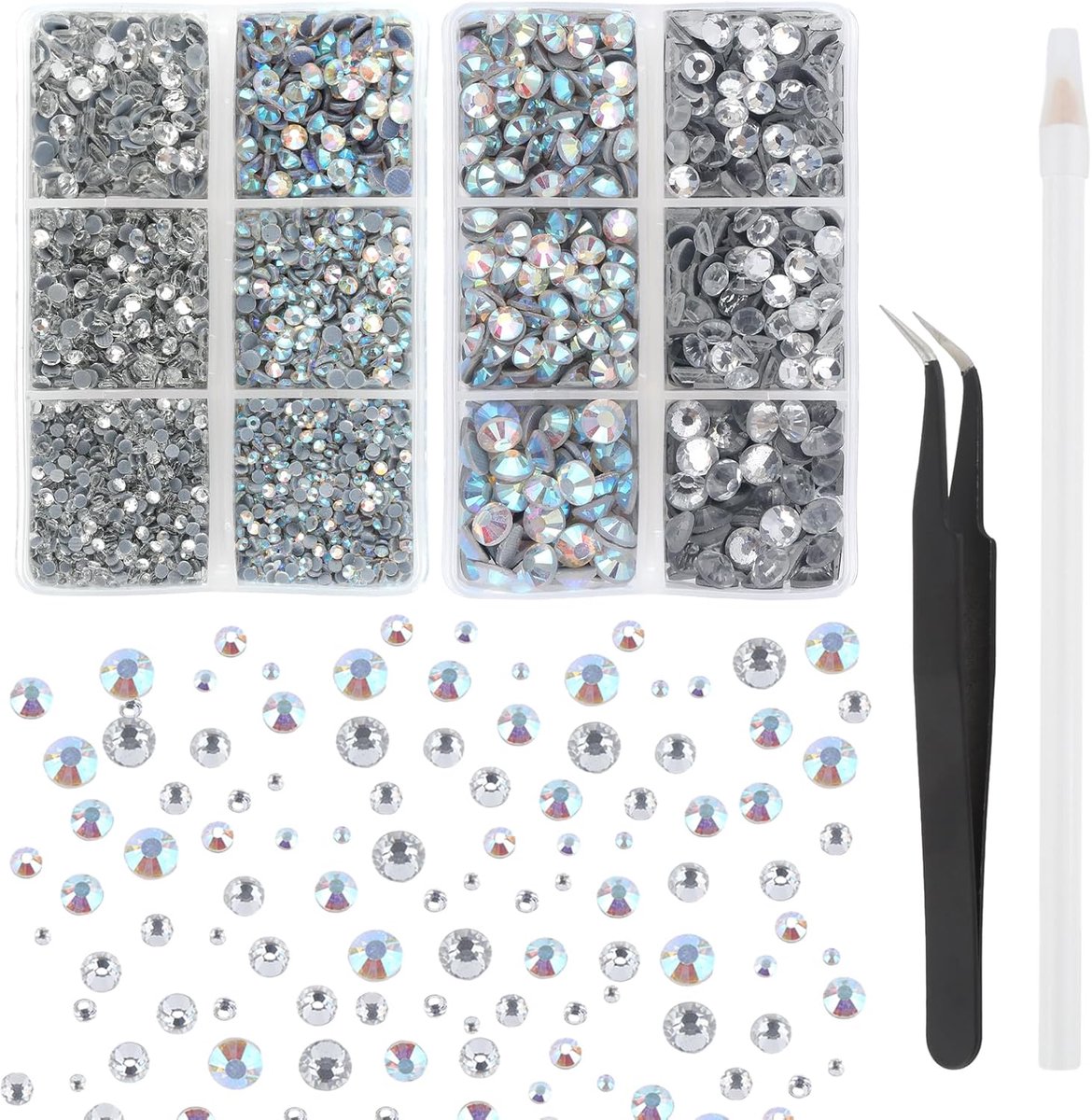 strass-steentjes, 6600 stuks, 12 maten, glittersteentjes, transparante ronde kristallen voor kleding, kunsthandwerk, gemengd met pincet