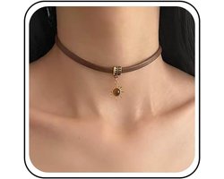 bruin lederen choker halsketting kleine zonnebloem hanger halskettingen breed bruin lederen halskettingen lederen koord halsketting ketting sieraden voor vrouwen