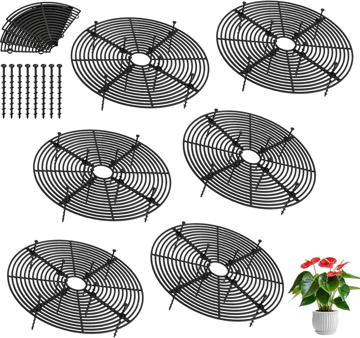 Set van 6 ronde beschermroosters voor bloempotten, 30 cm, houder voor katten, kinderen en huisdieren, zwart