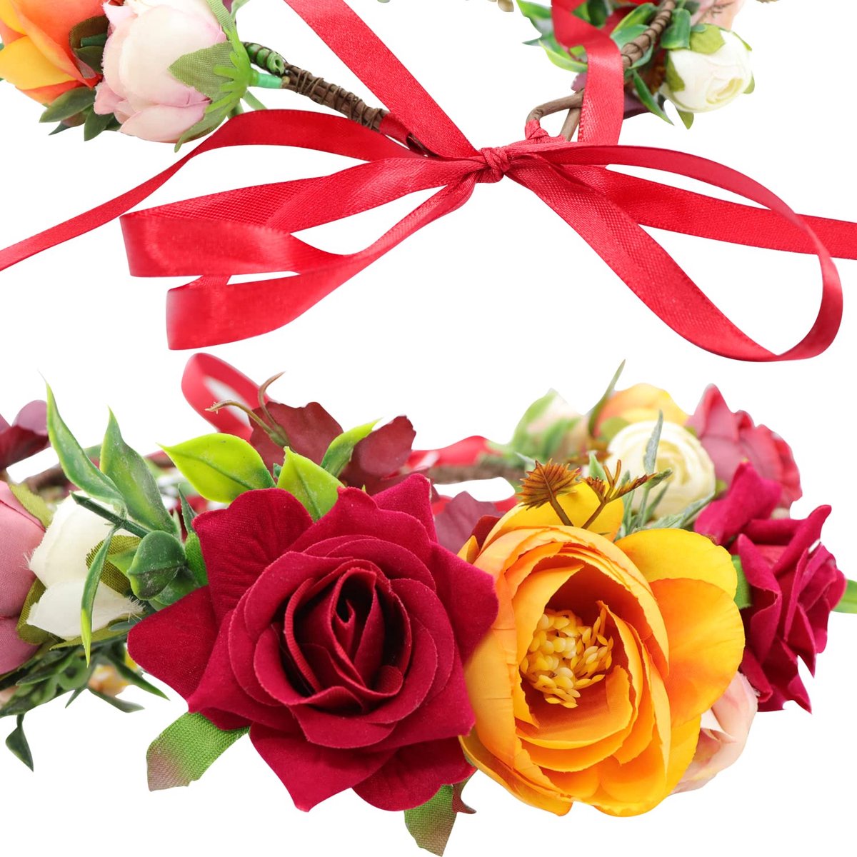 Bloemenhoofdbanden, bloemenkroon, hoofdband, rozenbloemkroon, bloemenhoofddeksel boho, voor een fotoshoot, festival, verjaardagsfeest, bruiloft (Rood)
