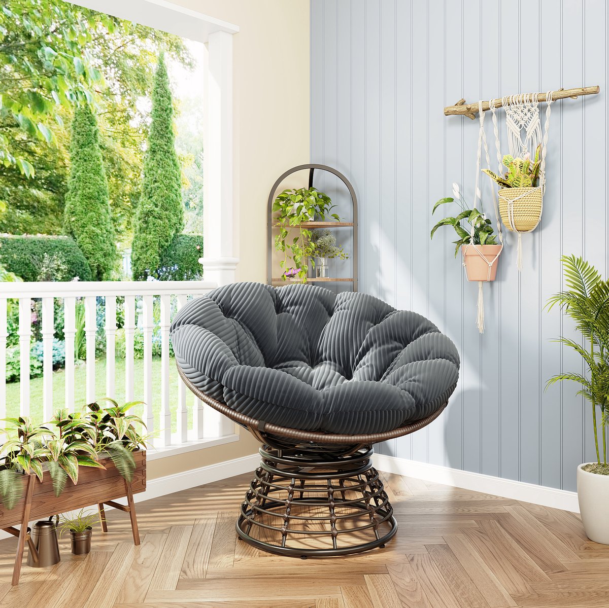 MIVRAY Fauteuil 92 Cm - Draaibare Papasan Stoel Met Dik Kussen - Voor Woonkamer, Slaapkamer En Leeshoek - Rotan Metaal - Grijs Bruin