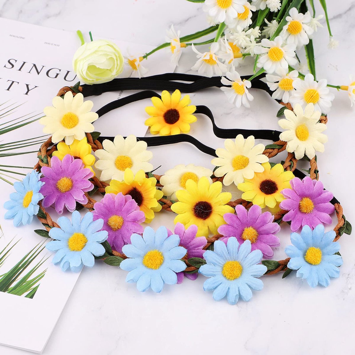 15 Stuks Zonnebloem Kroon Hoofdband,Daisy Flower Haarbanden Garland,Veelkleurige Verstelbare Bloemenkrans met Elastisch Lint,Boho Zendspoel voor Meisjes Vrouwen Bruiloft Festival Vakantie Feest,Foto (