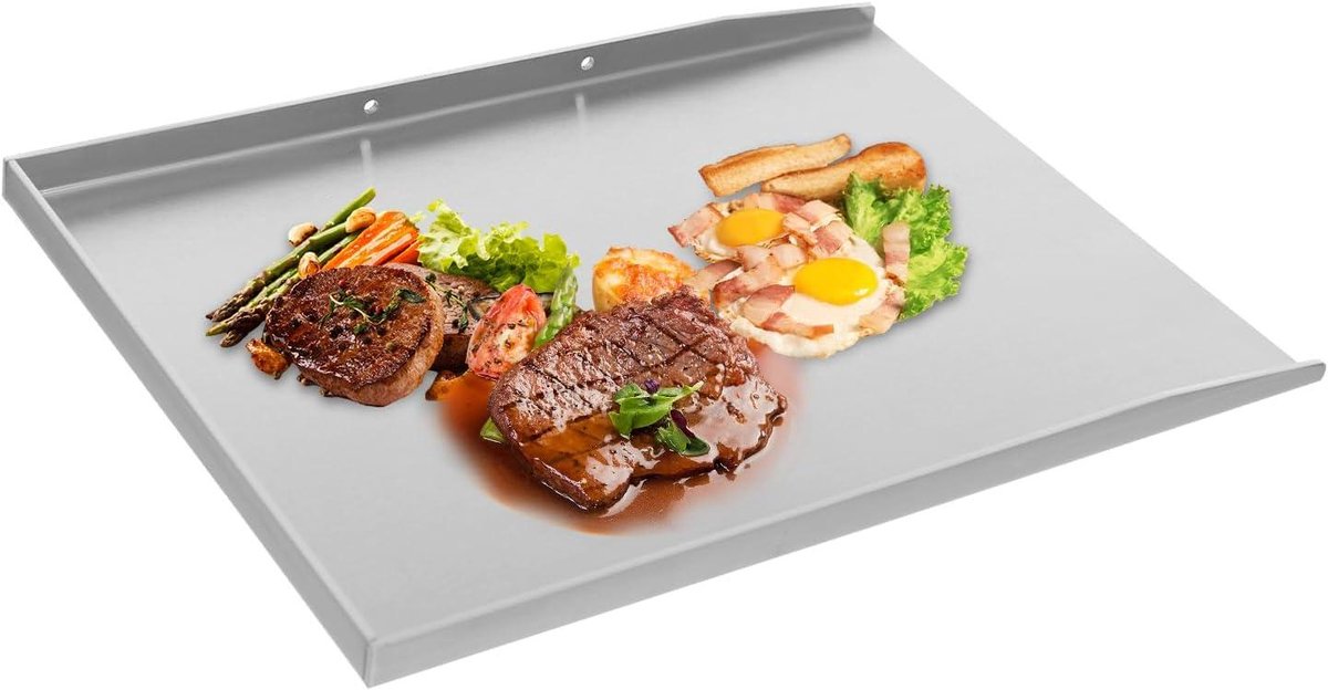 Grillplaat RVS Bakplaat Plancha Buiten Koken Verhoogde Rand 48 x 34 cm Zilver