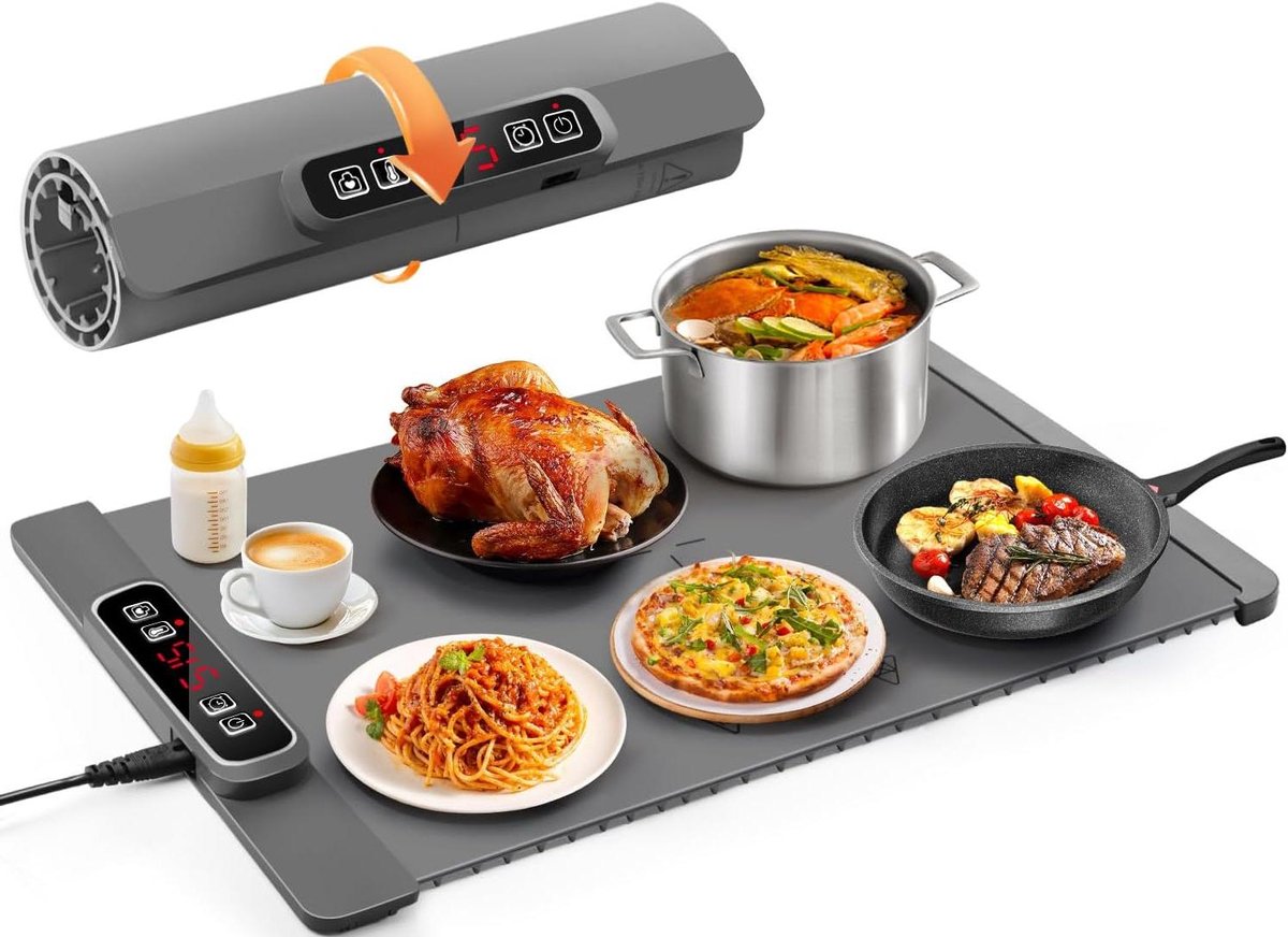 Elektrische Warmhoudplaat - Buffetwarmer Serveerwarmer - Eten Warm Houden - Snelle Volledige Oppervlakte Verwarming - 40 x 55 cm - Grijs