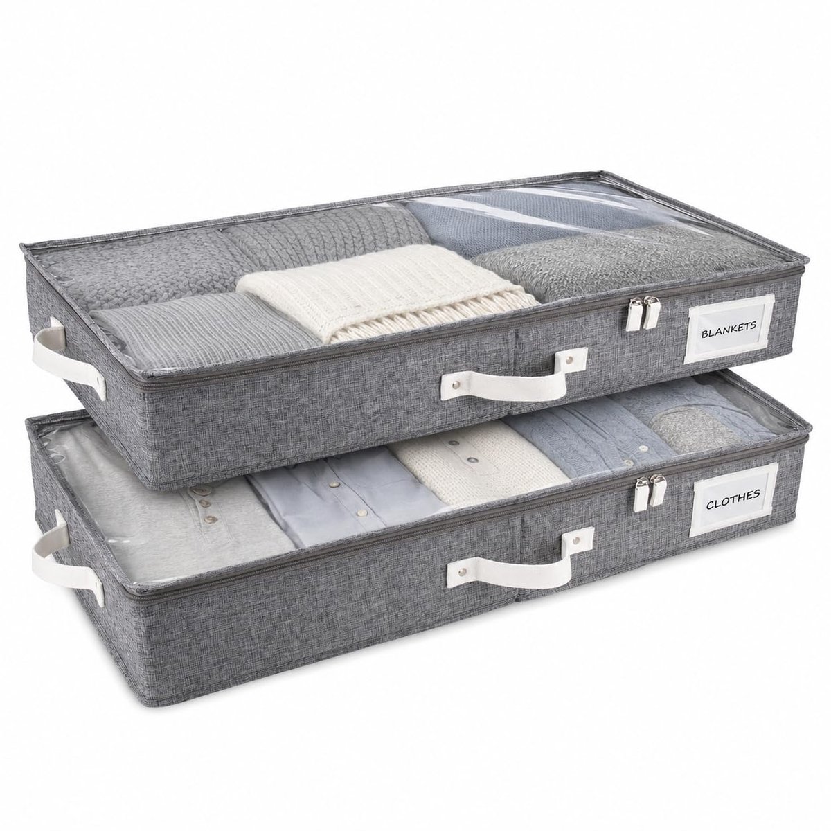 Opbergcontainers voor onder het bed, extra dik karton aan alle kanten, 33 x 17 x 4,5 cm opbergcontainers voor onder bed, dubbele veilige handgrepen en doorzichtig PVC-deksel