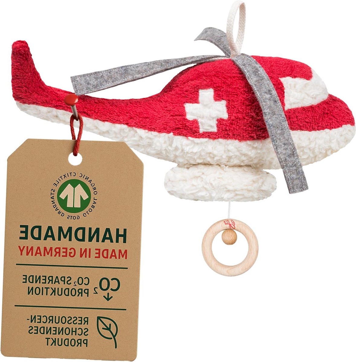 Muziekdoos Helikopter - Babyspeelgoed Knuffel - Baby Slaap Hulp - Biologisch Katoen - 28 cm - Rood
