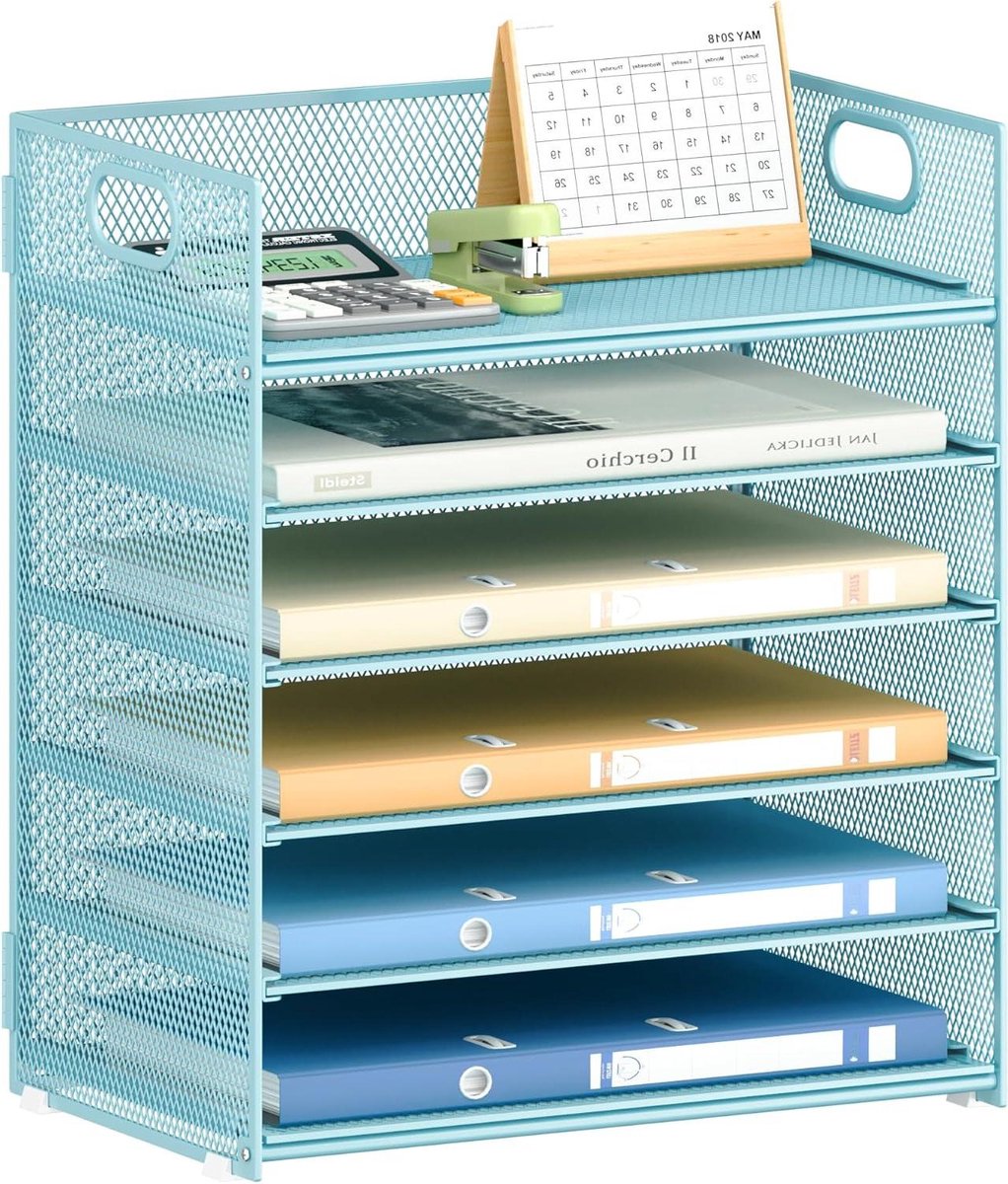 Bureau Organizer - Documenthouder Stapelbaar - Kantoor Organiseren - 6 Niveaus Metaalgaas - 32 x 23 x 342 cm - Blauw