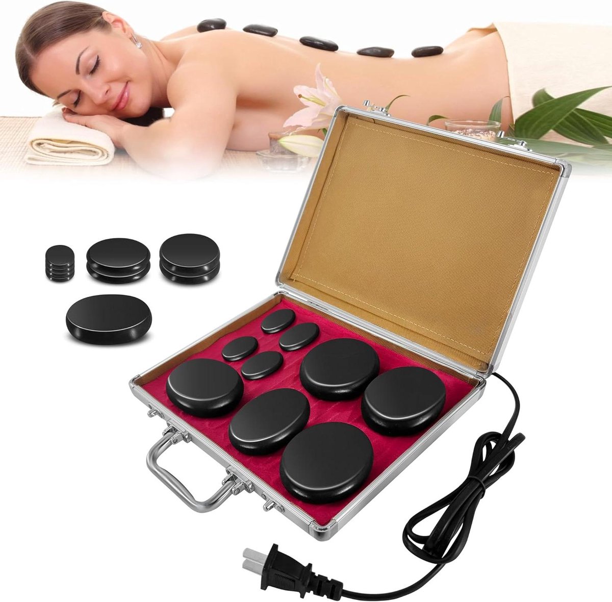 Hot Stone Massage Set - Hete Stenen Massage - Spierontspanning Bevorderen - Inclusief Verwarmingsbox - 9 Stenen - Zwart