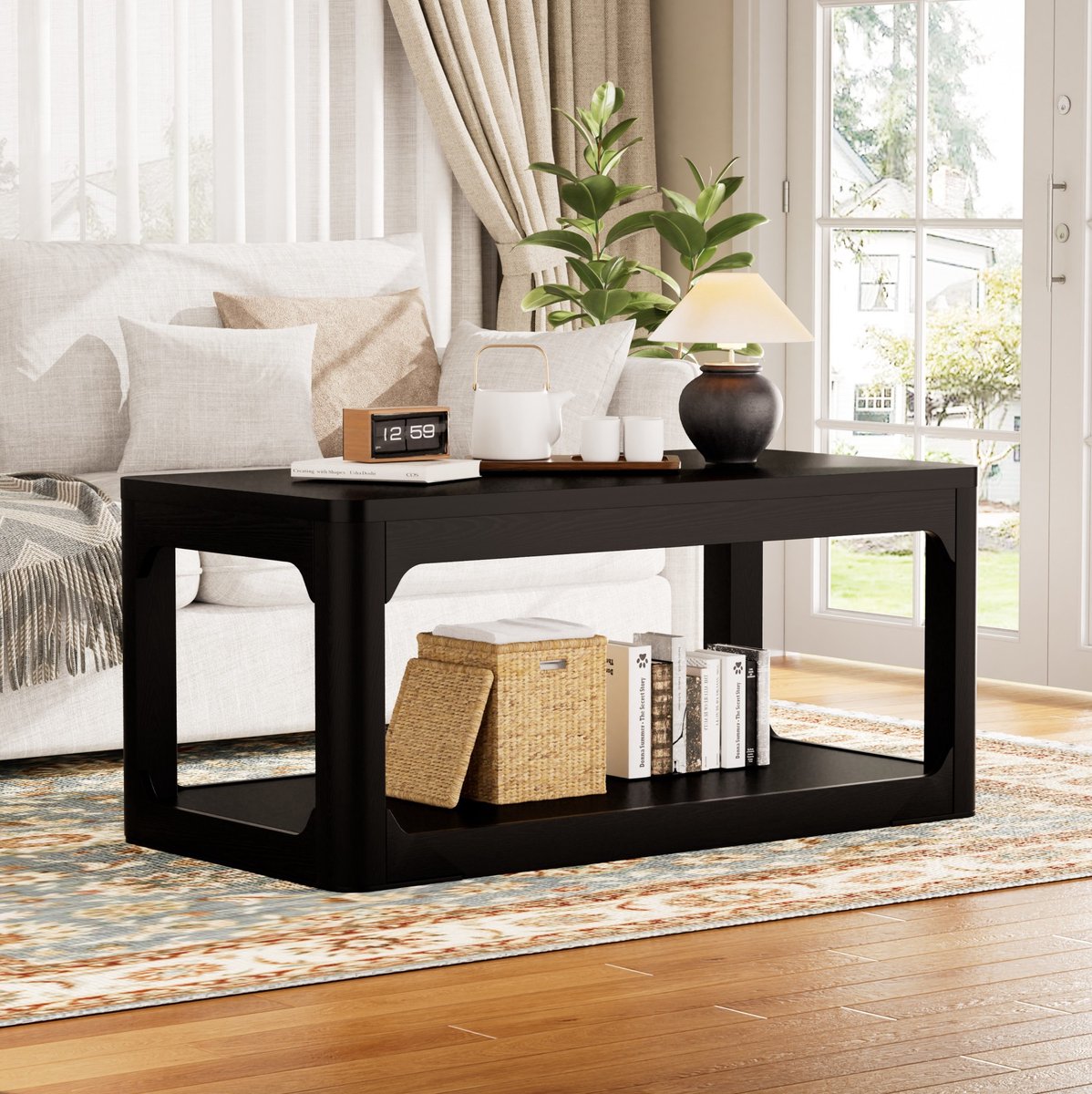 HAUSS SPOLE Salontafel - Twee Open Opbergvakken En Dik Tafelblad - Voor Woonkamer En Slaapkamer - MDF - 100x50x44,5 Cm - Zwart