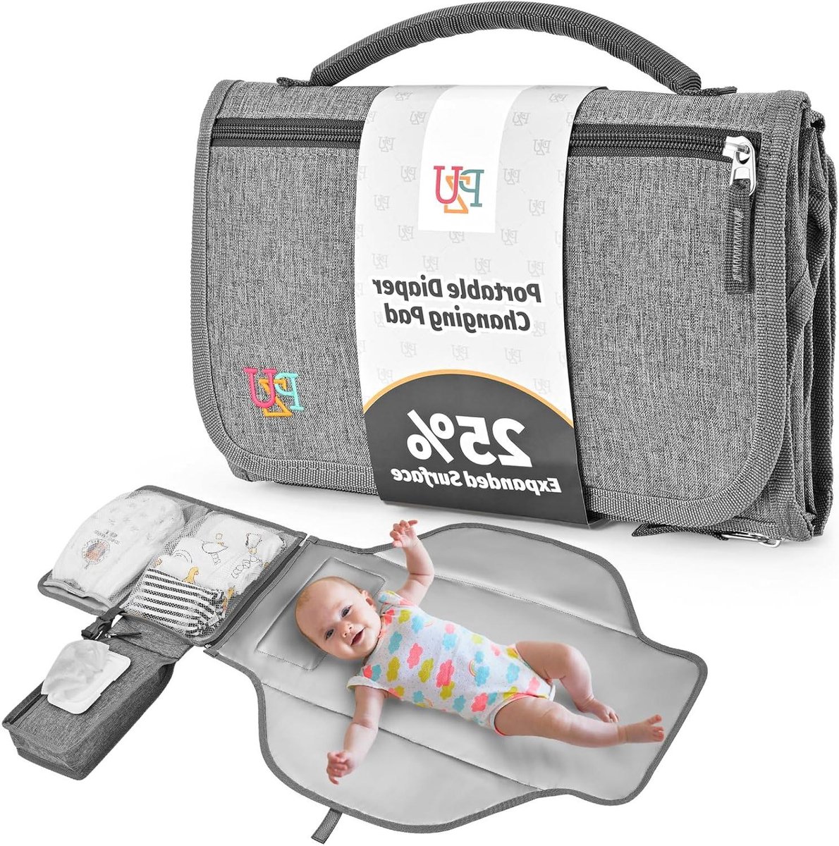 Aankleedkussen voor onderweg - Draagbaar verschoningsmatje - Baby verschonen - Met opbergvakken - 70 x 56 cm - Grijs