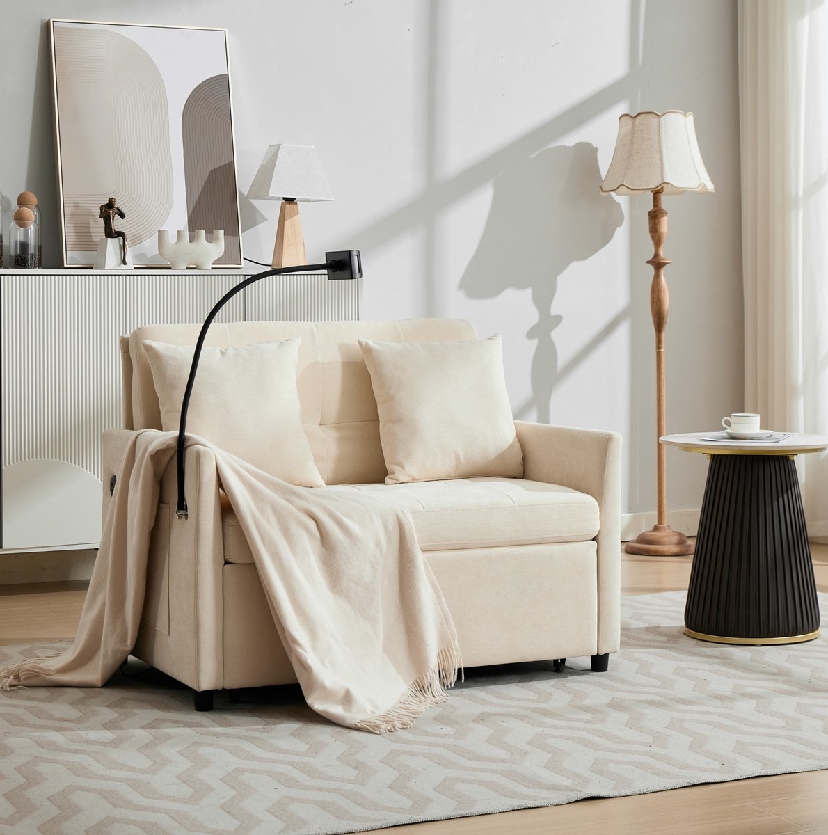 HAUSS SPOLE Slaapbank - 1-Zits Bedbank - Opklapbaar Met USB-Poort En Tablethouder - Voor Woonkamer, Kantoor En Studio - Polyester Beige