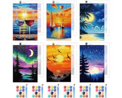 6 stuks Landschap Schilderen op nummer, volwassenen, zonsondergang, landschap, schilderen op canvas voor kinderen, digitale schilderijen voor woondecoratie, geschenken, 20 x 30 cm