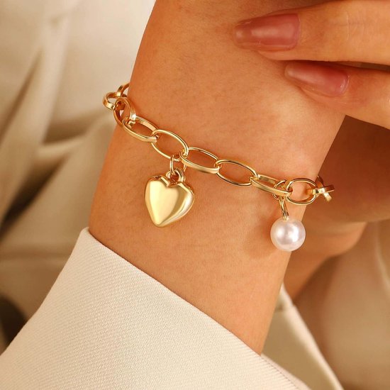 Parel Hart Goud Chunky Paperclip Ketting Poffant Armband Hanger Hart Liefde Armbanden Ronde Kralen Dangle Handketting Enkelband Sieraden Voor Vrouwen — afbeelding 5