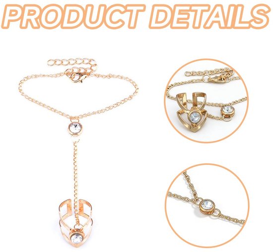Vingerketting voor dames, 14 K verguld, met zirkonia, waterdicht en nikkelvrij, verstelbare handketting voor elegante stapellook, perfect voor feestjes en dagelijks gebruik — afbeelding 2