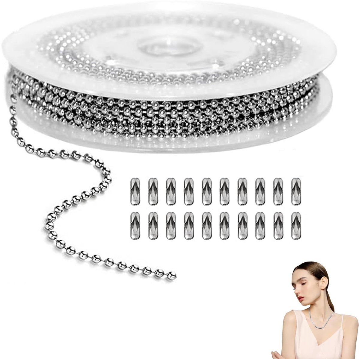 5 m roestvrijstalen kogelketting, zilver, met 20 stuks kogelkettingen, connectoren, rolketting, 2 mm parelrolketting, met aansluitingen, roestvrijstalen ketting, verlengketting, doe-het-zelf productie