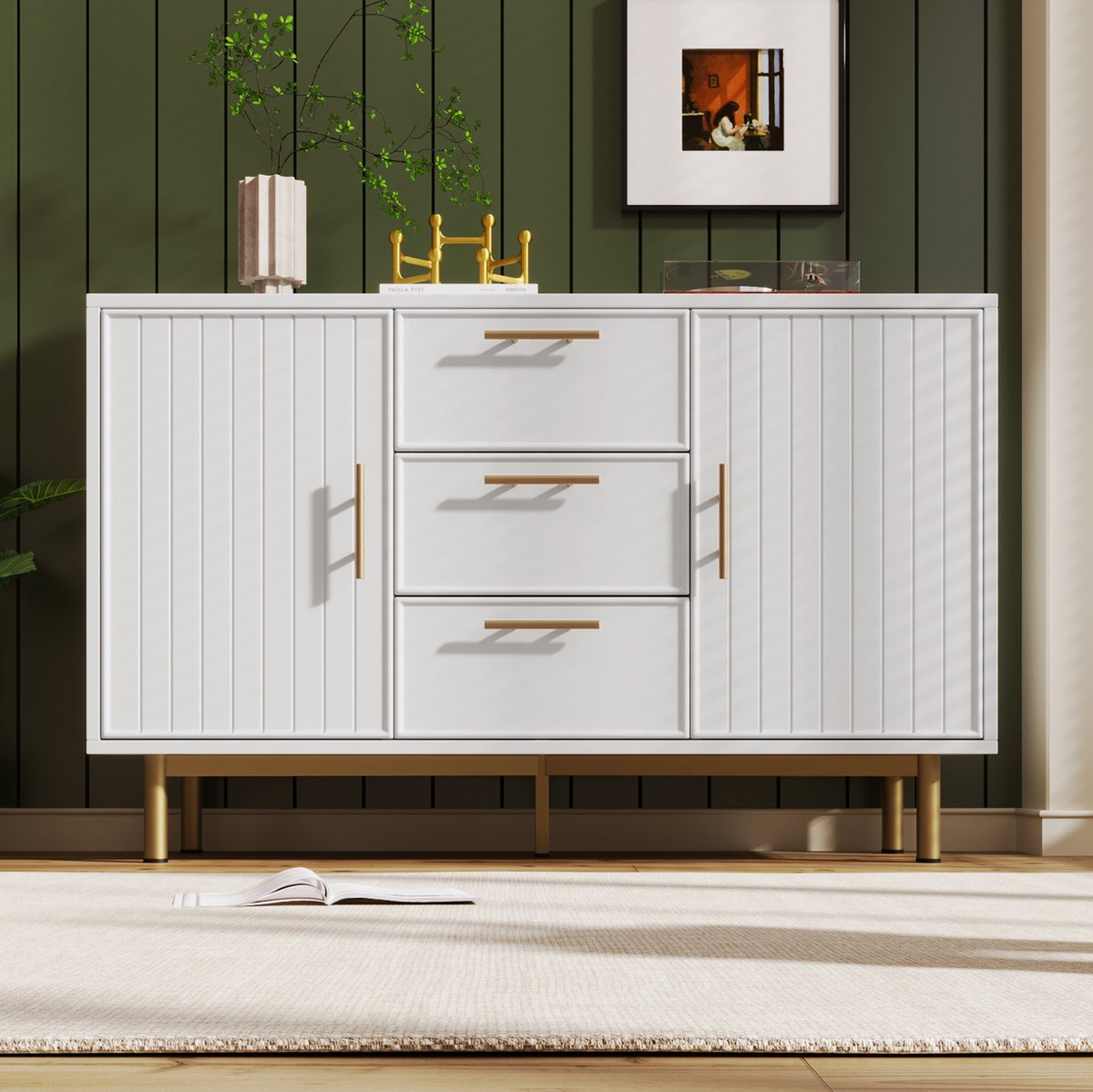 HAUSS SPOLE Dressoir - Met 2 Deuren En 3 Lades - Verstelbare Plank Voor Woonkamer En Slaapkamer - Spaanplaat En Metaal - 120x40x75 Cm - Wit