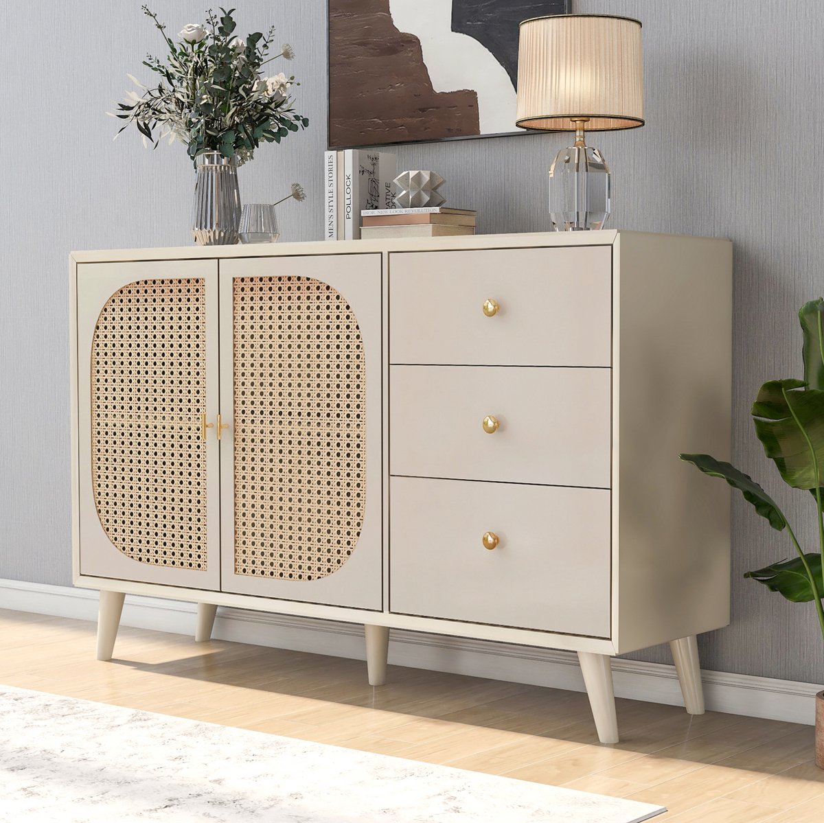 HAUSS SPOLE Dressoir - 2 Deuren En 3 Laden Met Magneetsluiting - Voor Woonkamer En Eetkamer - Spaanplaat Gebroken Wit - 120x40x82,5 Cm