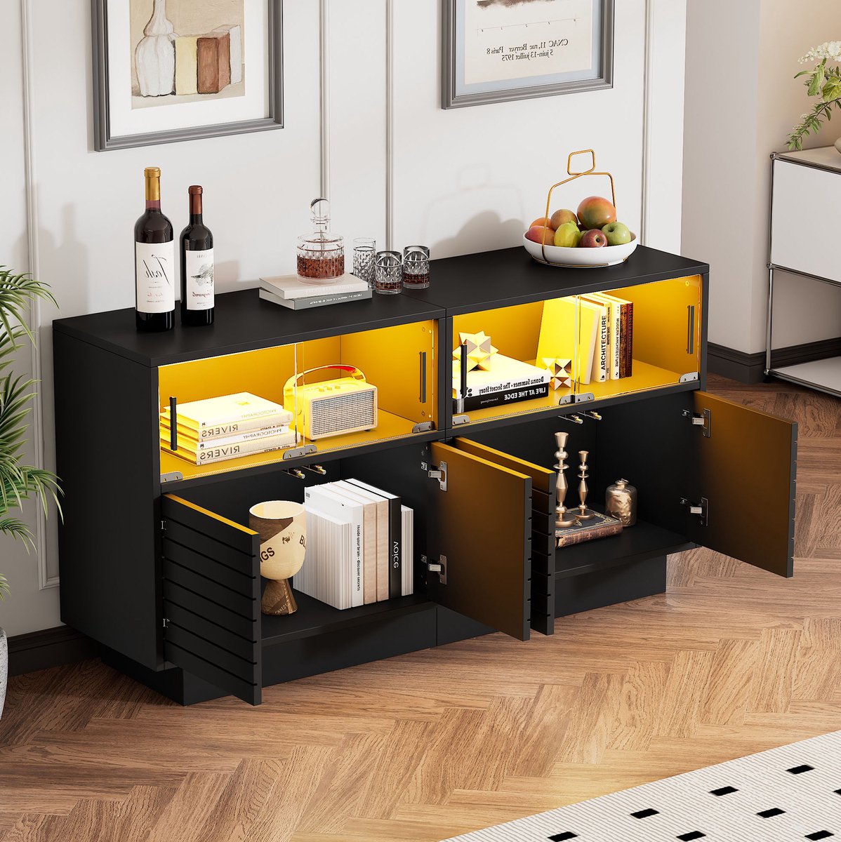 HAUSS SPOLE Dressoir - Met Glazen Schuifdeuren En Ledverlichting - Opbergkast Voor Woonkamer - Spaanplaat En Glas - 130x35x68 Cm - Zwart