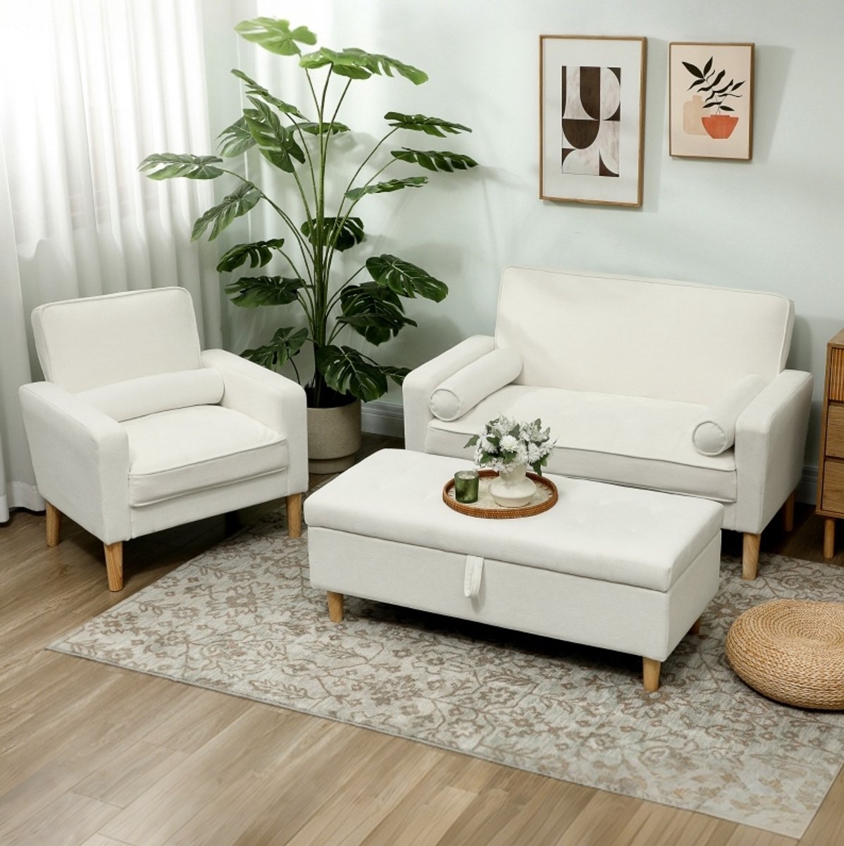 MEUNIQ 2-zits bank 130 x 74,5 x 82 cm met polyester bekleding, getufte details, rubberhouten poten en S-veren voor woonkamer, slaapkamer of thuiskantoor, crèmewit