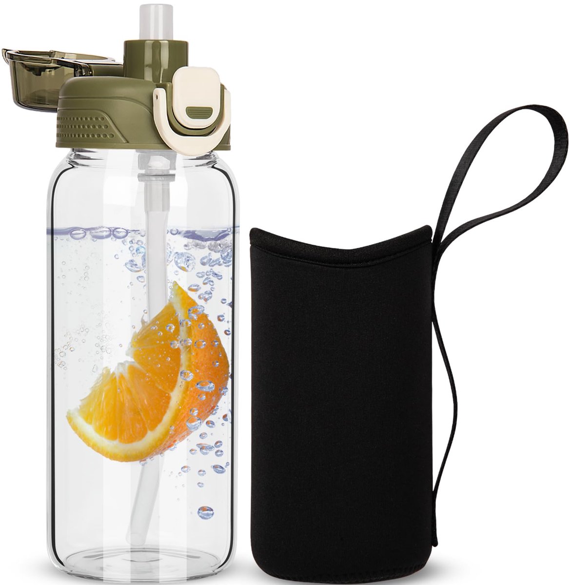 600 ml glazen waterfles met rietje en neopreen houder 0,6 l BPA-vrij glazen drinkfles lekbestendig