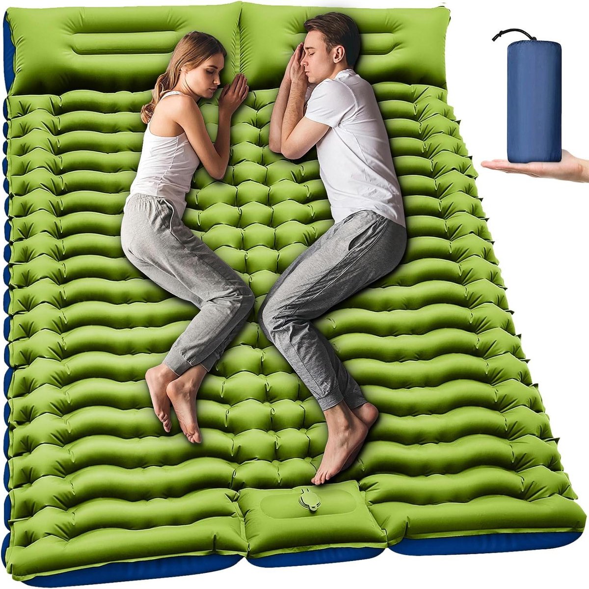 Dubbel Slaapkussen - Opblaasmat 2 personen - Kamperen en Reizen - Ingebouwde voetpomp - 203 x 135 cm - Blauw