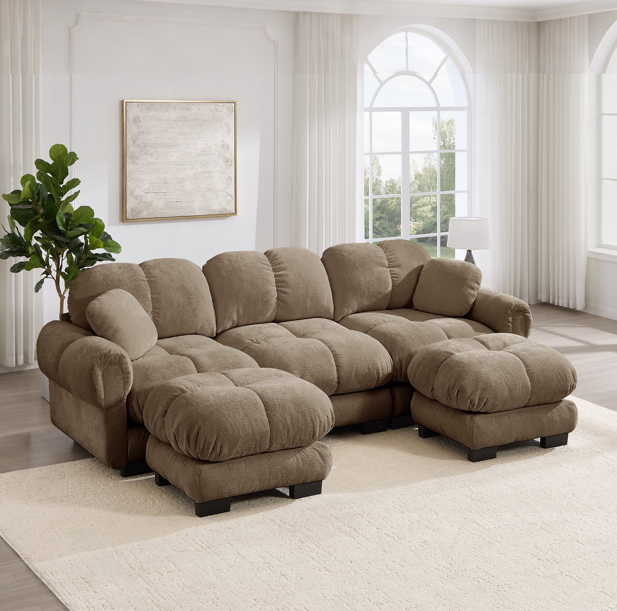 HAUSS SPOLE U-Bank - Modulaire Cloud Bank Met Mobiele Ottoman En 2 Sierkussens - Voor Woonkamer - Chenille Bruin