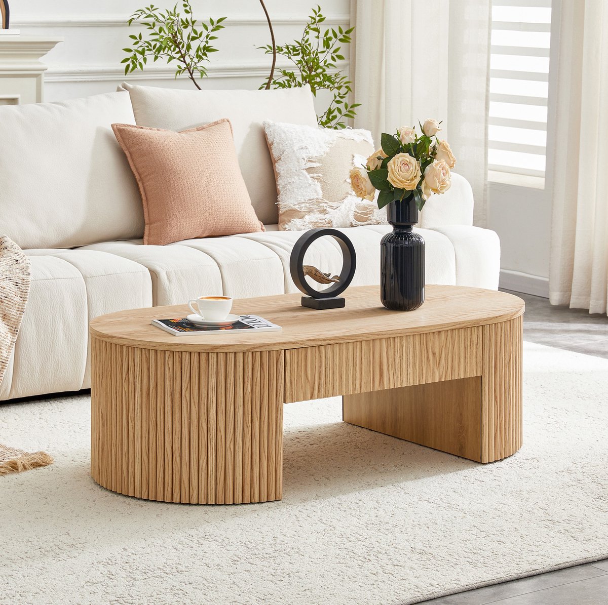 HAUSS SPOLE Salontafel - Ovale Koffietafel Met Lade En Geribbelde Zijkanten - Voor Woonkamer Bij Sofa - MDF - 105x54x38 Cm - Houtkleur