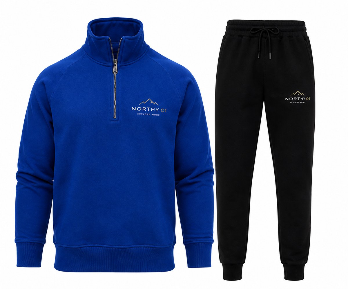 Trainingspak Heren – Half Zip Sweater met Sportbroek – Joggingpak North 01 – Koningsblauw - Maat L