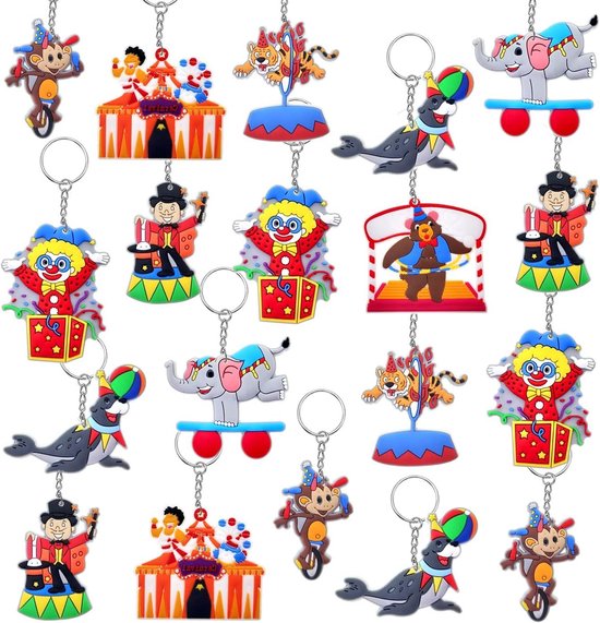 Circus Sleutelhangers - Feestartikelen Clown Dieren - Feestversiering Uitdelen - 24 Stuks Diverse Designs - 10 x 5 cm - Multicolor