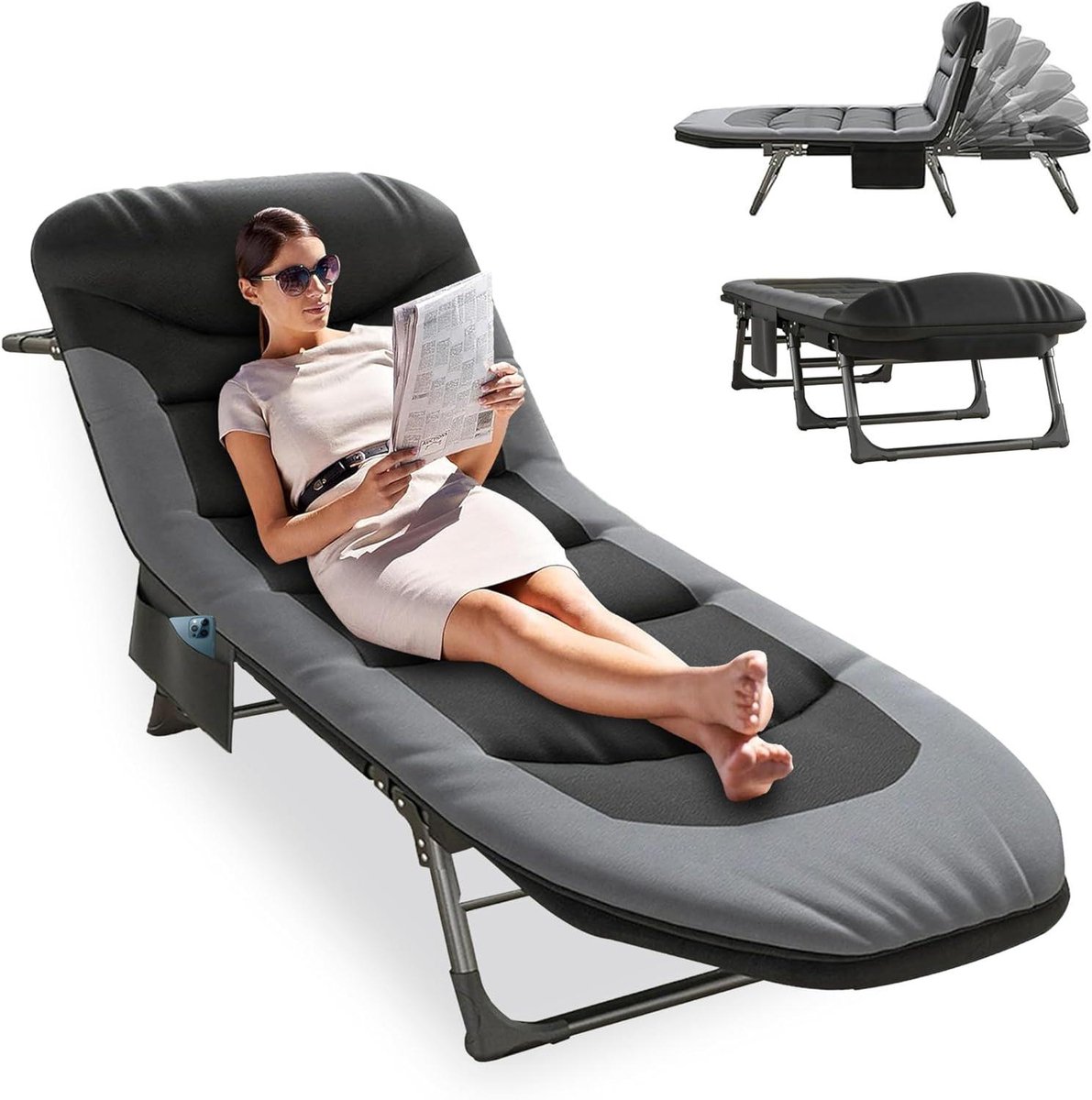 Klapbed met Matras - Lounger Relaxbed - Ontspannen Buiten - Verstelbare Rugleuning - 190 x 65 cm - Zwart Grijs