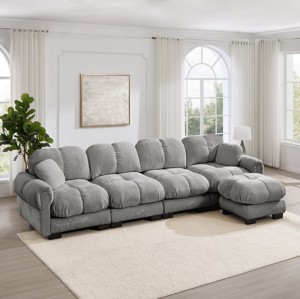 MIVRAY Hoekbank 330 x 149 x 90 cm - Modulaire 4-Zits L-Vormige Bank Met Verplaatsbare Ottomane - Woonkamer - Chenille Lichtgrijs