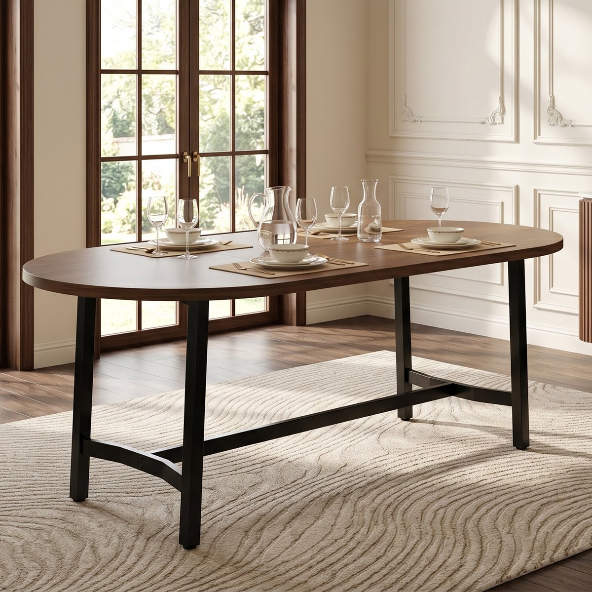 MIVRAY Eettafel - Ovale Tafel Met Afgeronde Hoeken Voor 6 Tot 8 Personen - Modern Voor Eetkamer - MDF En IJzer - 180x80x75 Cm - Walnootkleur