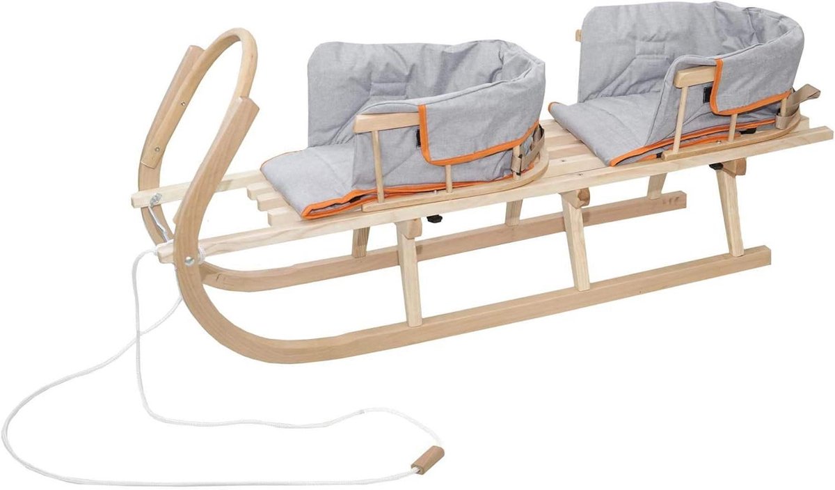 Houten Slee Duo - Twee Persoons Slee - Winter Plezier - Met Rugleuningen - 130 cm Lengte - Grijs