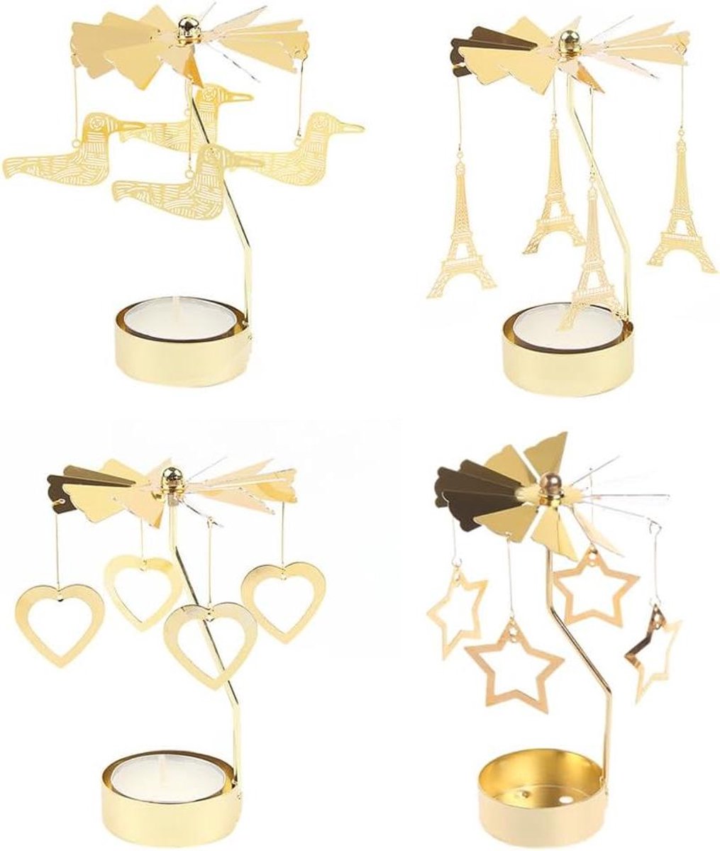 Draaibare Kaarsenhouder - Theelichthouder Carrousel - Sfeer Creëren - Roterende Decoratie - 4 Sets - Goud Zilver