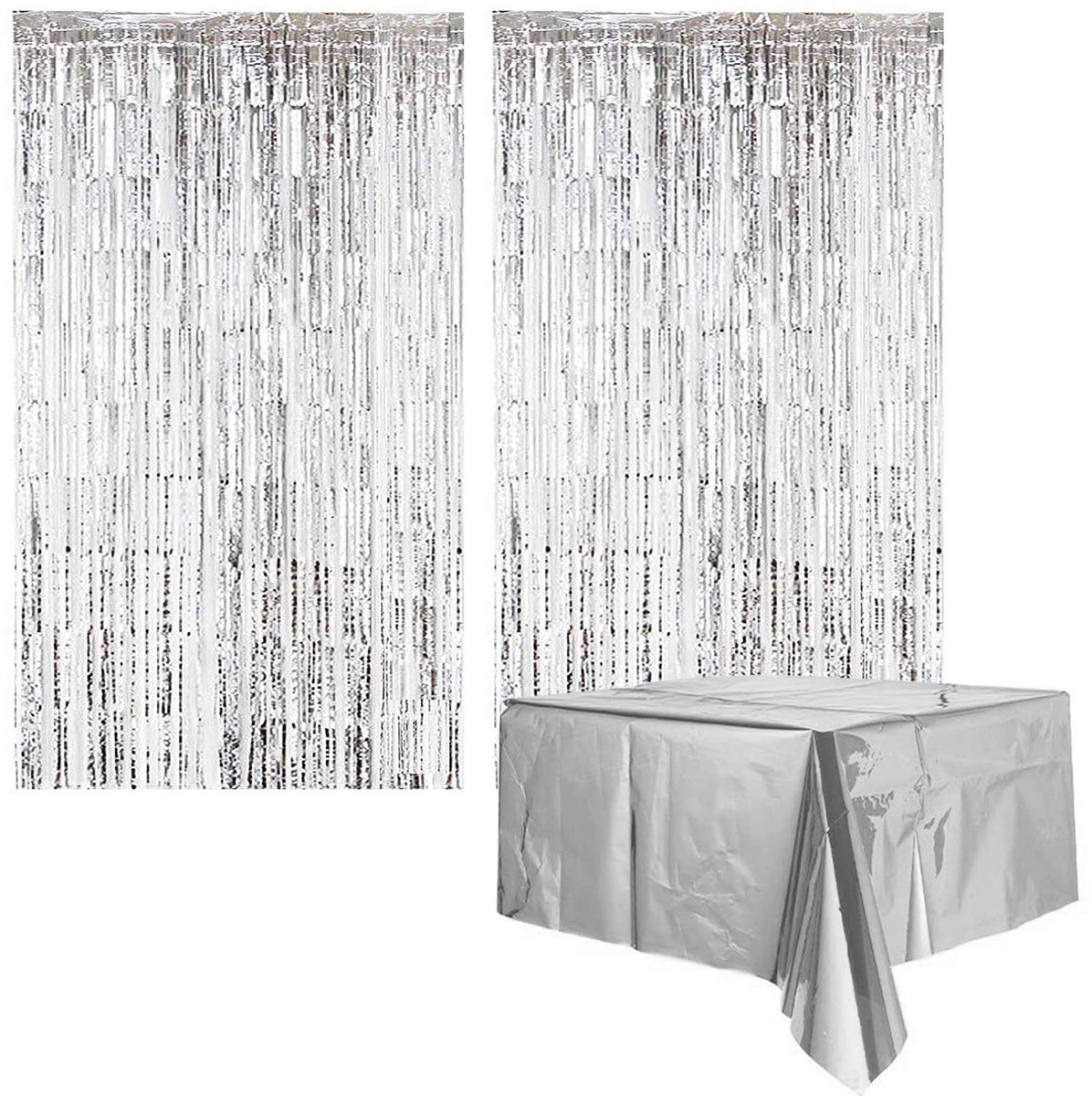 Folie gordijn, kwastjesfolie gordijn, metallic, metallic lametta gordijnen folie 2 stuks + folie tafelkleed 1 stuk, voor verjaardag, bruiloft, Kerstmis, afstuderen, feest