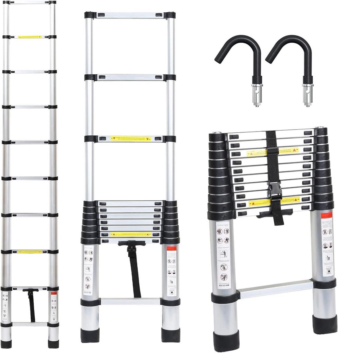 Telescopische Ladder - Uitschuifbare Ladder Schuifladder - Kluswerk Binnen En Buiten - Afneembare Stabiliteits Haak - 32 Meter - Zwart Geel
