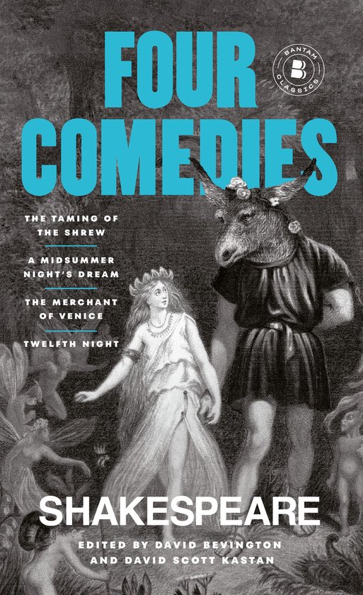 Boekomslag van Four Comedies door Shakespeare, met een illustratie van Titania en Bottom tegen een grijze achtergrond.