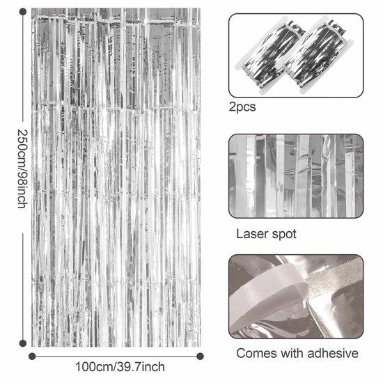 2 stuks 1 x 2,5 meter Glitter Zilver Klatergoud Gordijn Streamers Deurfranje Folie Gordijn Achtergrond Verjaardagsfeest Decoraties voor Meisjes Vrouwen Meisjesavond Verloving Afstudeerfeest Decoraties — afbeelding 4