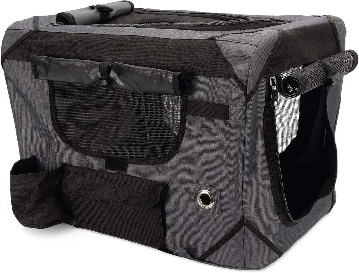 Honden Transportbox - Reismand Huisdier - Veilige Rustplek - Inclusief Opbergtas - 91x63x63 cm - Grijs Zwart