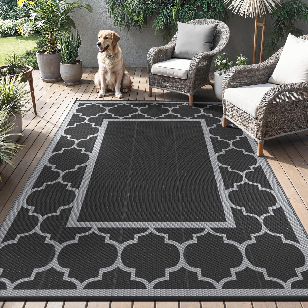 Buitentapijt Weerbestendig en Waterdicht – Opvouwbaar Omkeerbaar Terraskleed van Kunststof, Outdoor Vloerkleed voor Camper, Tuin of Balkon, 120x180cm, Lampenmotief Zwart en Grijs