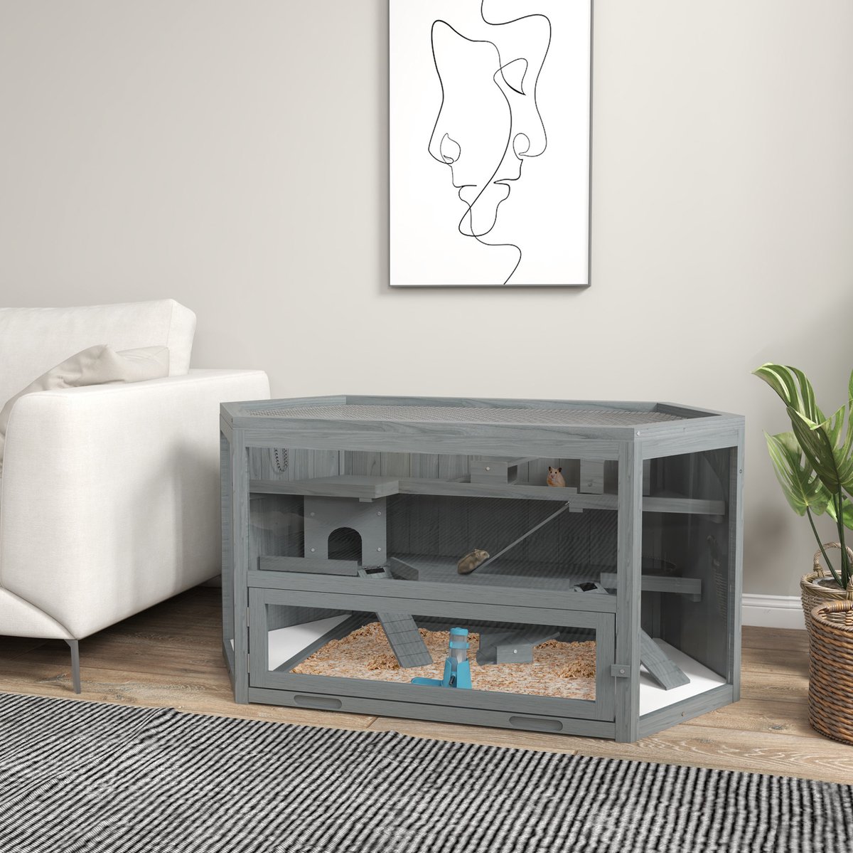 Wishdor - Kleintierkooi - 3 niveaus - klapdak - Scandinavisch - voor knaagdieren - houten gaasconstructie - grijs - 115 x 60 x 55 cm