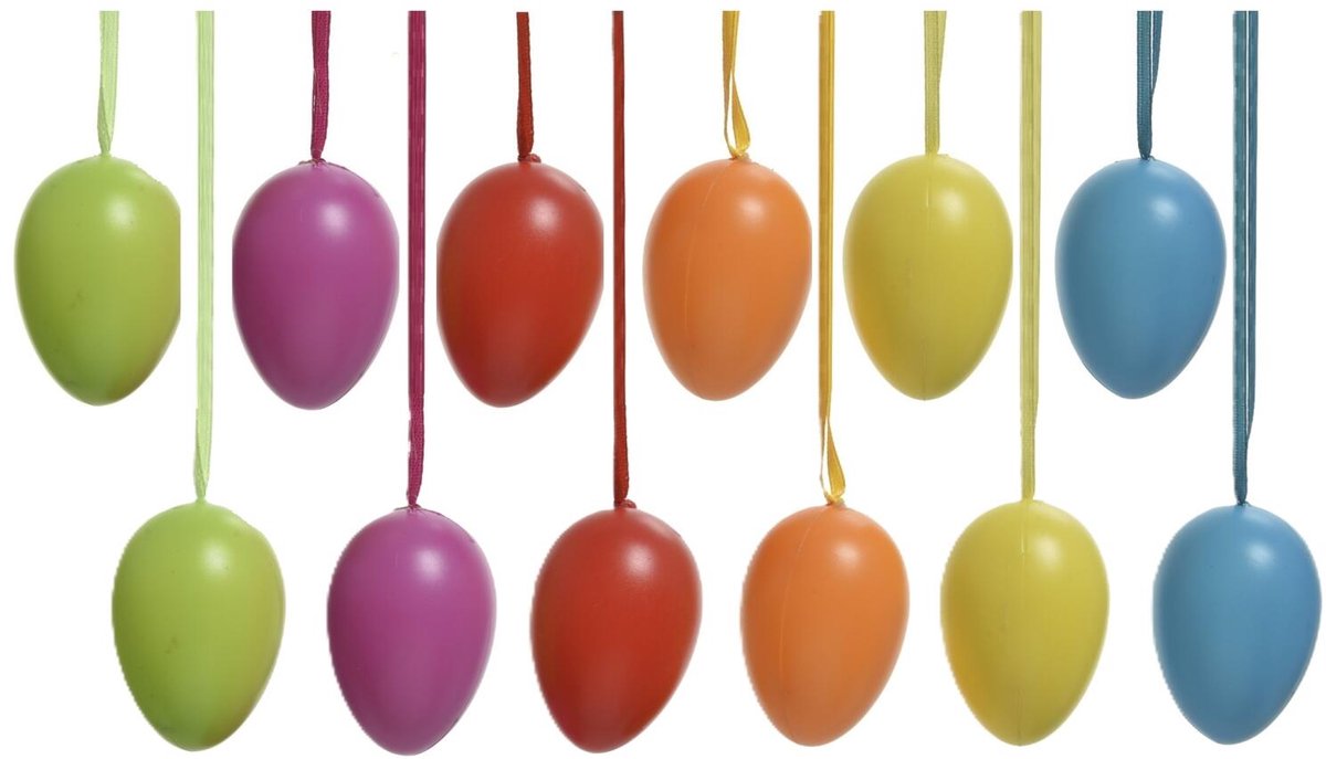 Decoris Paaseieren - 12x stuks - gekleurd - kunststof - decoratie eieren - 6 cm - Paaseitjes voor Paastakken - Paasversiering