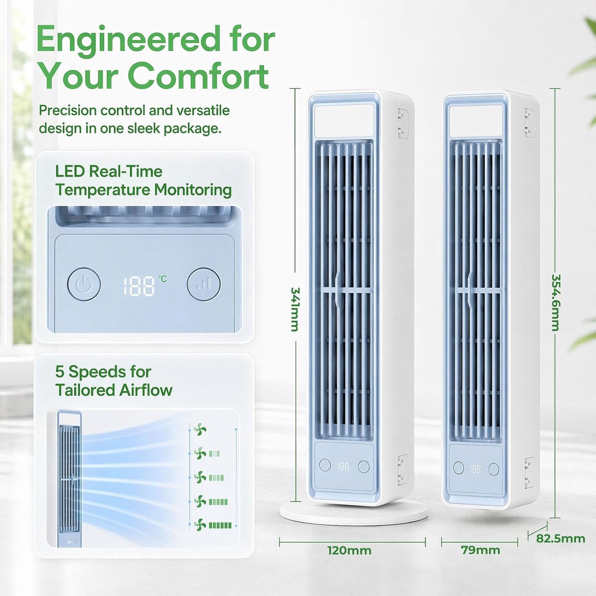Bladloze Torenventilator - Torenventilator - Draagbare Mobiele Airco Cooler - Bladloos - Draaibaar Ventilator - 5 Snelheden - Met Afstandsbediening - Luchtstroom - Stil Compact - Mobiele Airco - Compacte Airconditioner Voor een Goede Nachtrust - Wit – foto 5